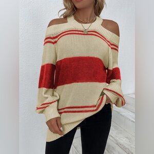 Color Block Striped Cold Shoulder Sweater